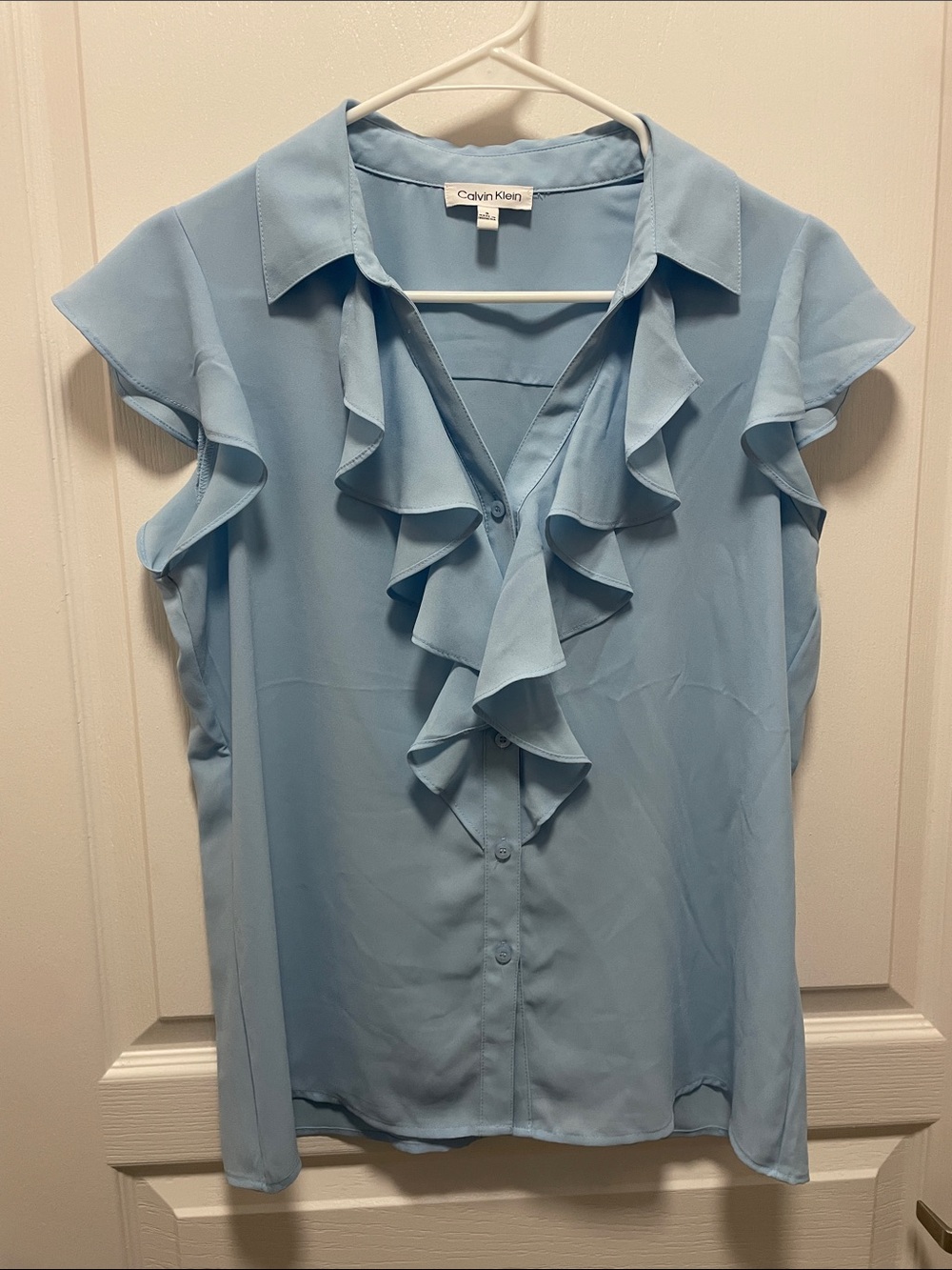 Calvin Klein Light Blue Ruffle Front Blouse